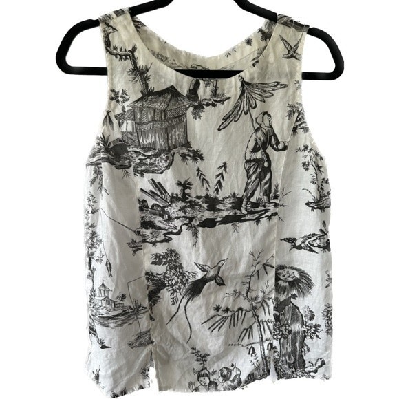Kleen Women's 100% Linen Printed Asian Inspired Artwork Design Blouse Tank Top S - Picture 1 of 7